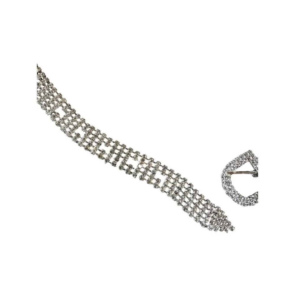 Vintage Rhinestone Crystal Wide Mesh Chain Belt Women One Size Silver Glam Y2K